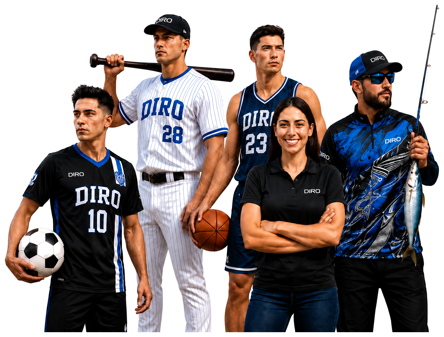 Personas usando uniformes personalizados DIRO de fútbol, béisbol, básquetbol, empresarial y pesca deportiva