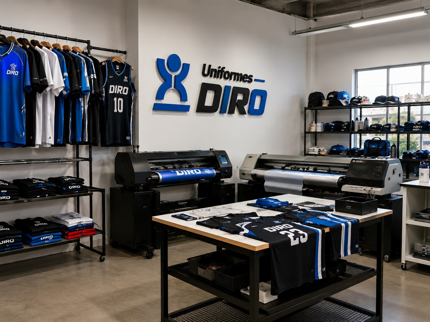 Taller de impresión de uniformes DIRO con máquina de estampado